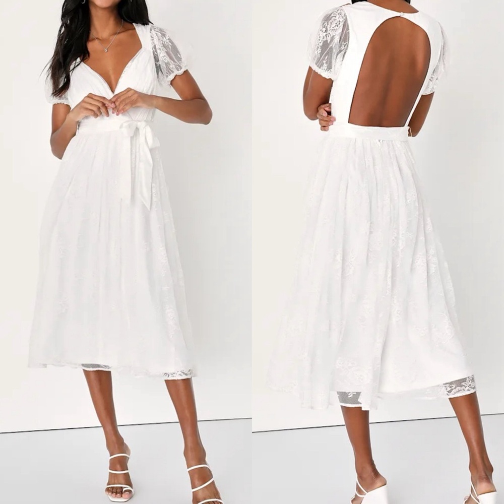 NWT Lulu’s Puff Sleeve Lace Open‎ Back Midi Dress in White - L